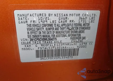 2021 Nissan Kicks Sv from USA, damaged, VIN 3N1CP5CV0ML554275